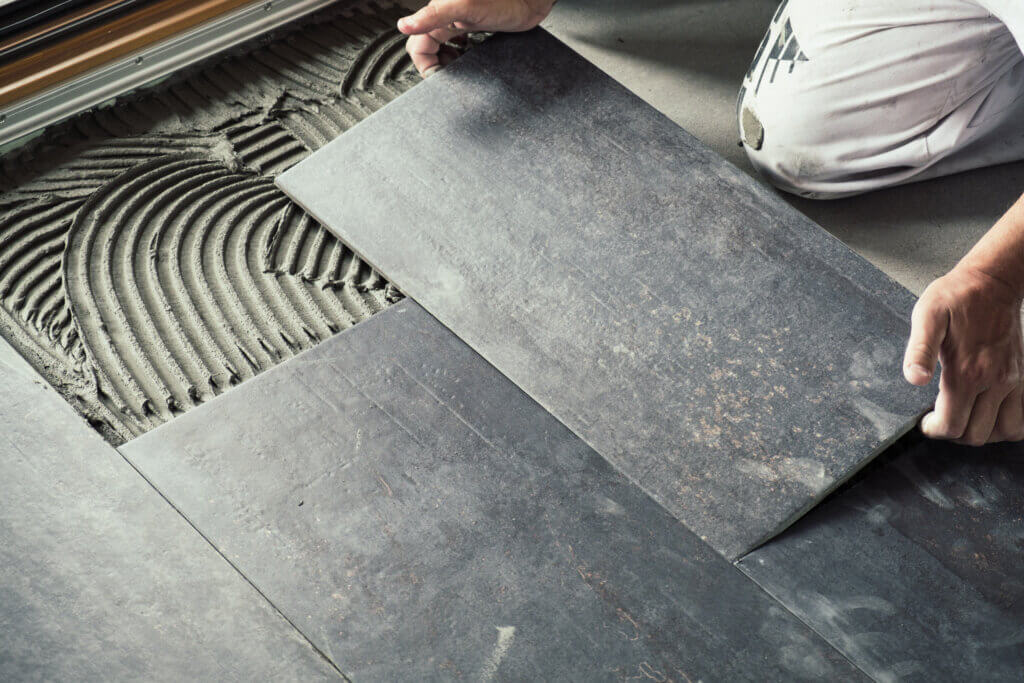 Flooring tiles being set