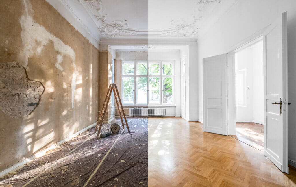 A before and after picture of an interior remodel on a classic home.