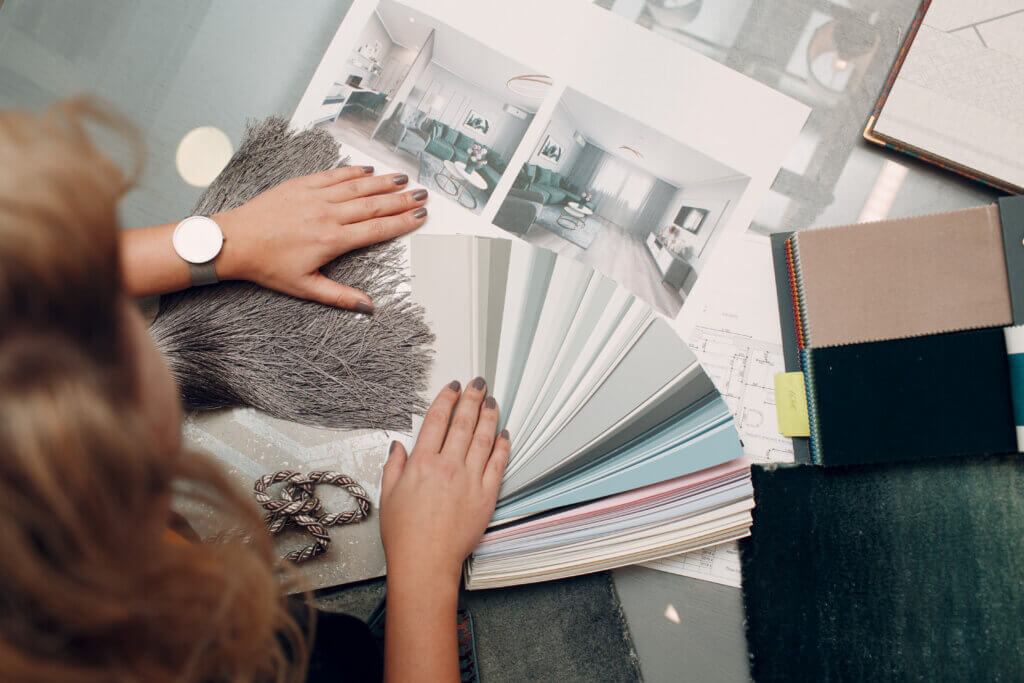Interior design finishes, colors, and renderings.